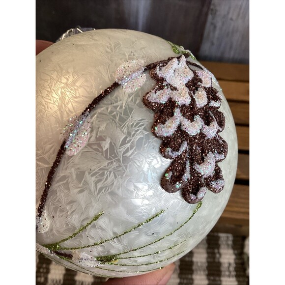 Beautiful White Glittery Christmas Large Glass Ball Ornament With Pine Cones - Picture 11 of 12